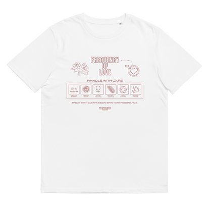 White organic t-shirt with text 'Frequency of love' and laundry tag style graphics with symbols relating to love, on a white background
