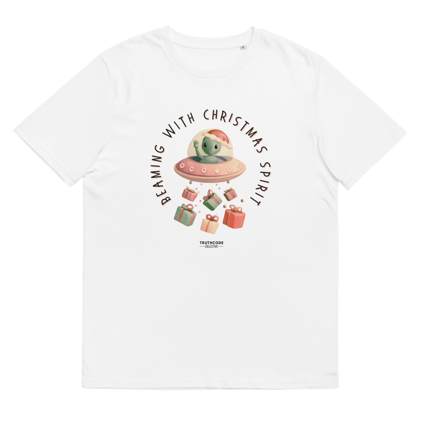 White organic t-shirt with cute alien in a spaceship Christmas-themed graphic and text 'Beaming with Christmas spirit'