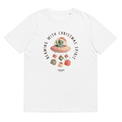 White organic t-shirt with cute alien in a spaceship Christmas-themed graphic and text 'Beaming with Christmas spirit'