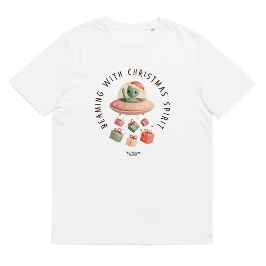 White organic t-shirt with cute alien in a spaceship Christmas-themed graphic and text 'Beaming with Christmas spirit'