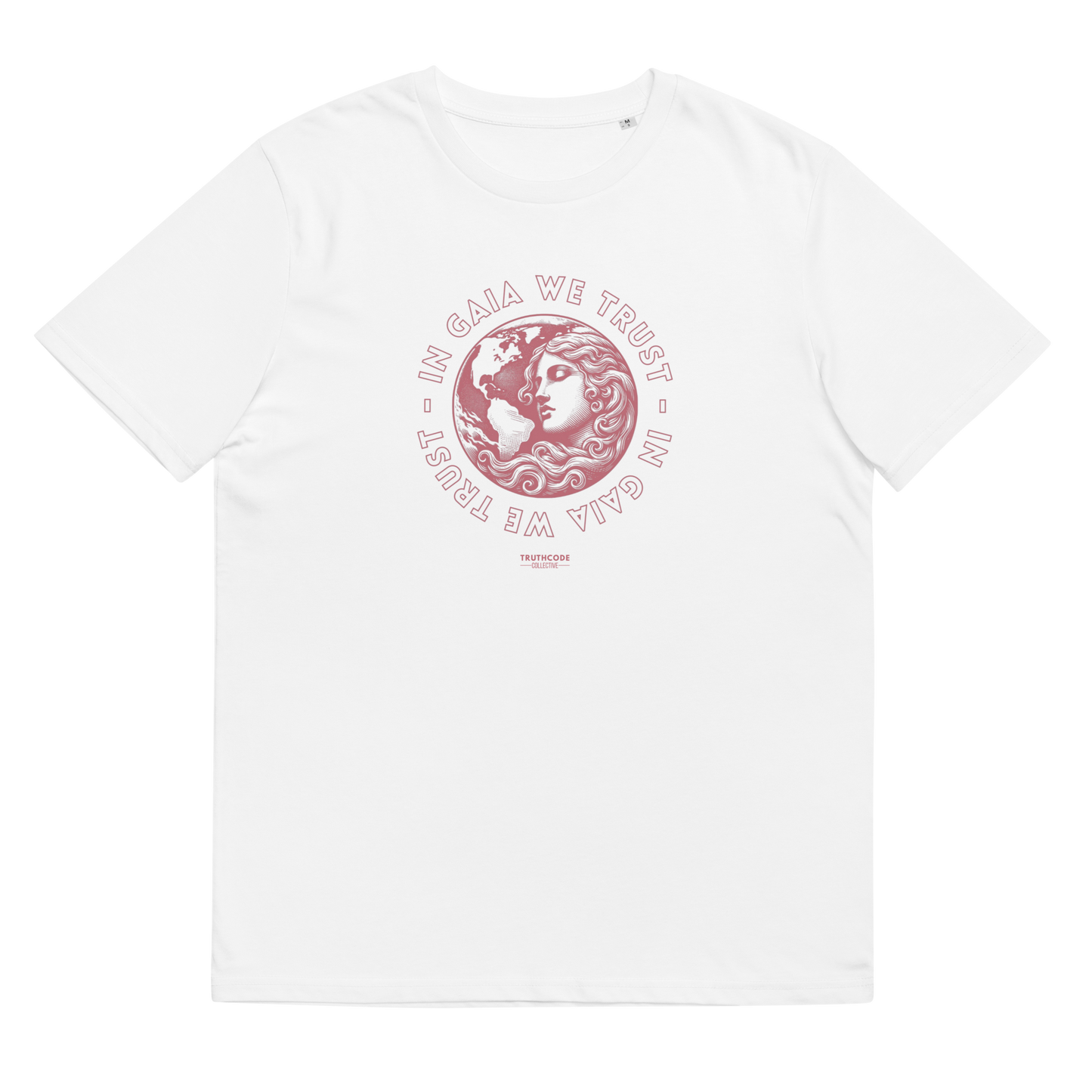 White organic t-shirt with graphic design of earth and a woman and text 'In Gaia we trust' on a white background