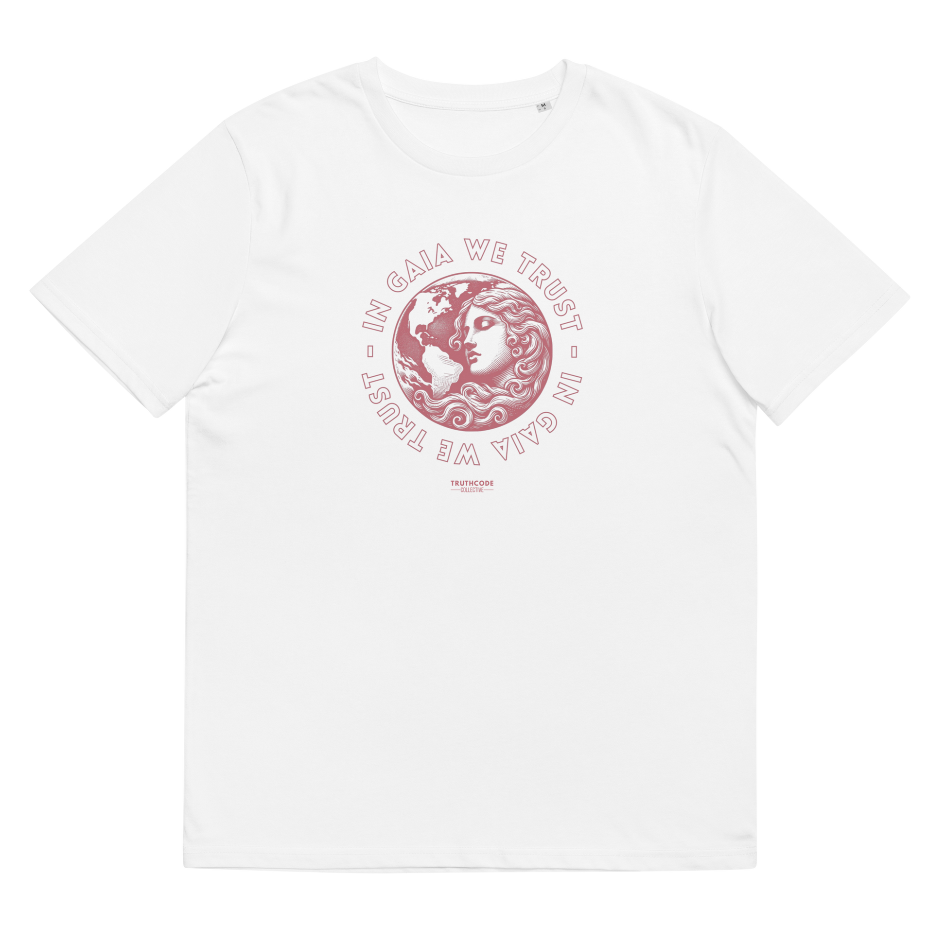 White organic t-shirt with graphic design of earth and a woman and text 'In Gaia we trust' on a white background