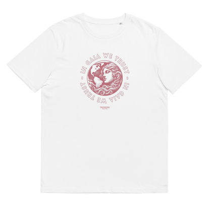 White organic t-shirt with graphic design of earth and a woman and text 'In Gaia we trust' on a white background