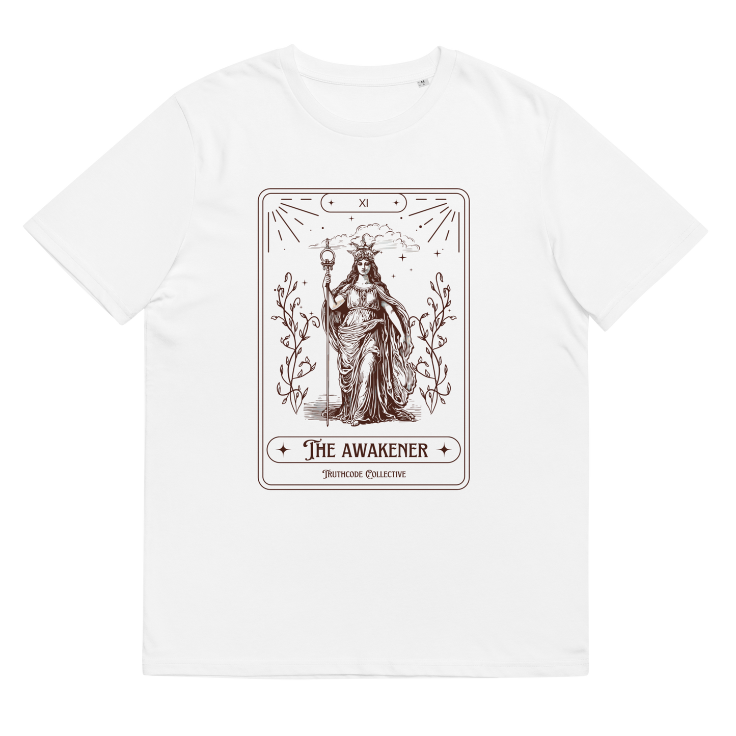 White organic t-shirt with 'The Awakener' tarot card design, on a white background