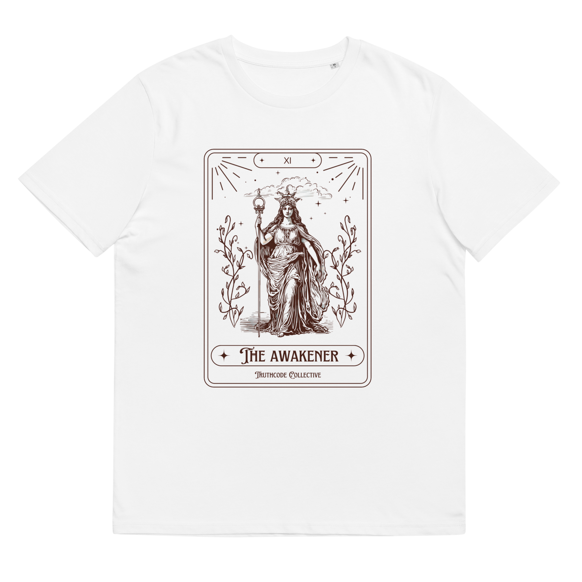 White organic t-shirt with 'The Awakener' tarot card design, on a white background