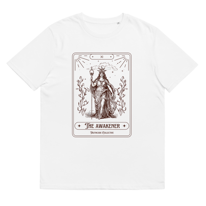 White organic t-shirt with 'The Awakener' tarot card design, on a white background