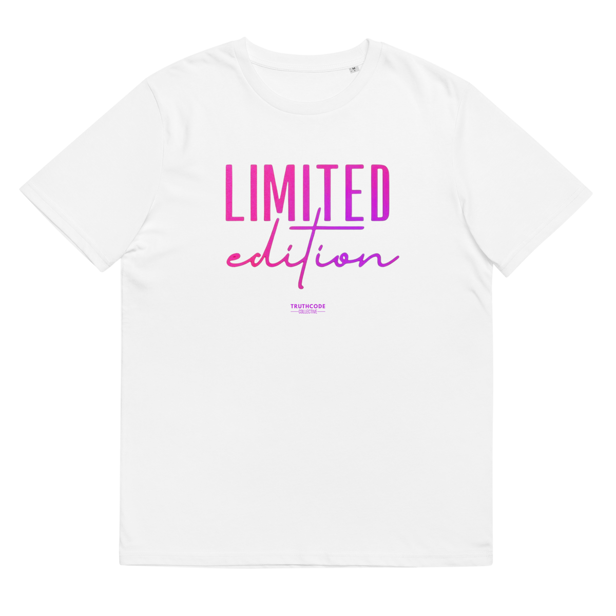 White organic t-shirt with 'LIMITED edition' text design, on a white background