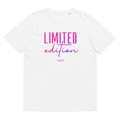 White organic t-shirt with 'LIMITED edition' text design, on a white background