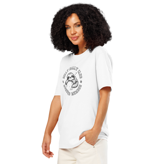 Woman wearing white organic t-shirt with sloth graphic and text 'Dilly dally club, honored member' on a white background