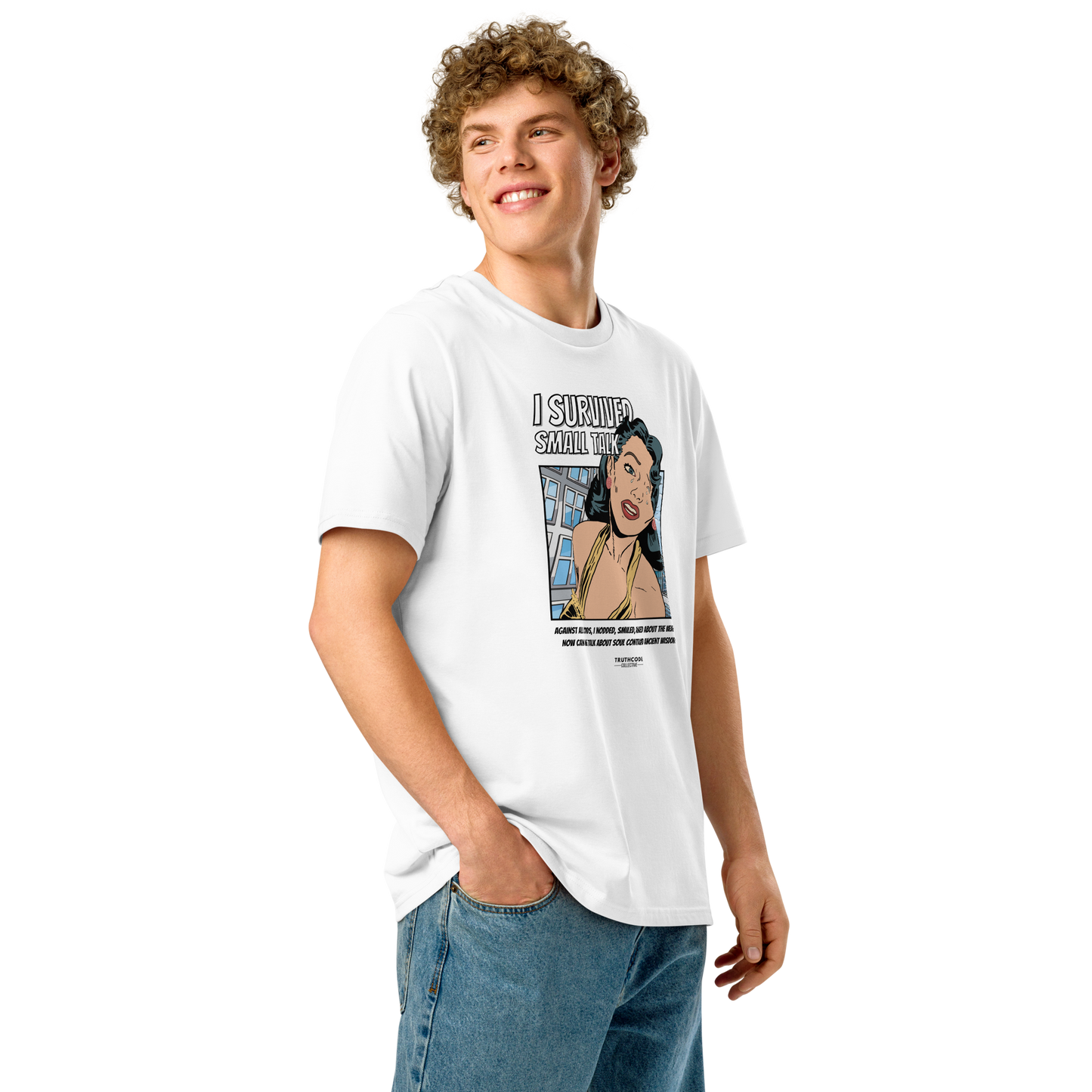 Man wearing a white organic t-shirt with a graphic design featuring a comic cartoon woman and text with lighthearted saying 'I SURVIVED SMALL TALK'