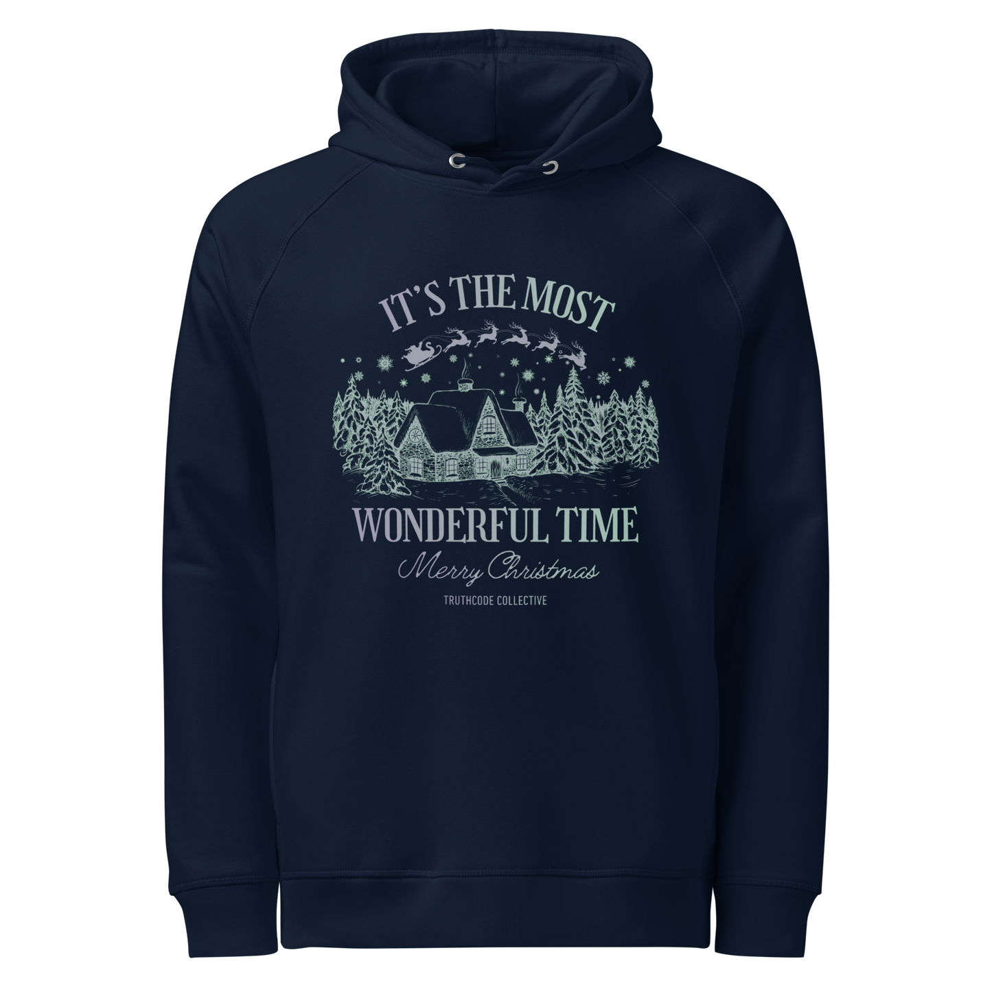 Navy blue organic hoodie with Christmas-themed design and text 'It's the most wonderful time of the year' on a white background