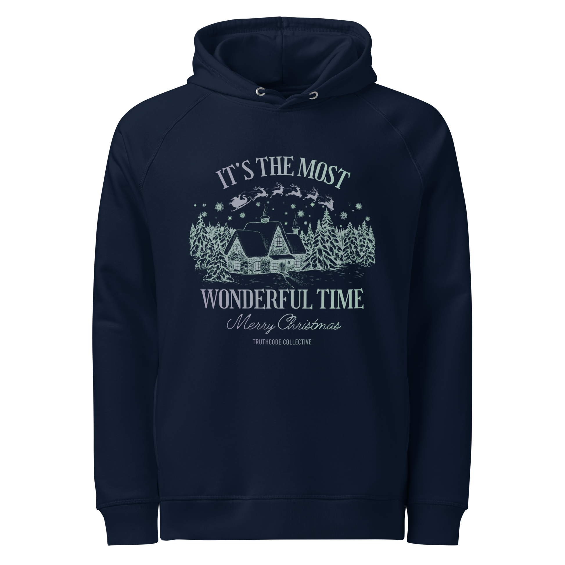 Navy blue organic hoodie with Christmas-themed design and text 'It's the most wonderful time of the year' on a white background