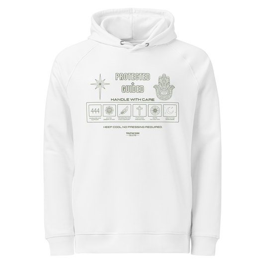 White organic hoodie with text 'Protected + Guided' with symbols and graphics related to it on a white background