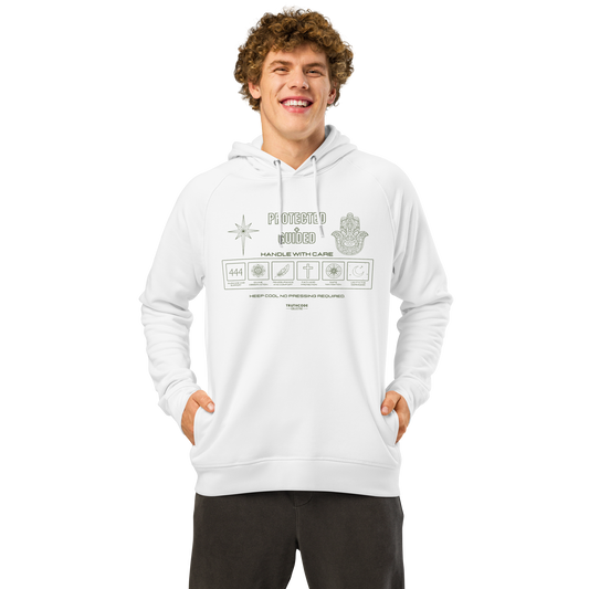 Guy wearing white organic hoodie with text 'Protected + Guided' with symbols and graphics related to it on a white background