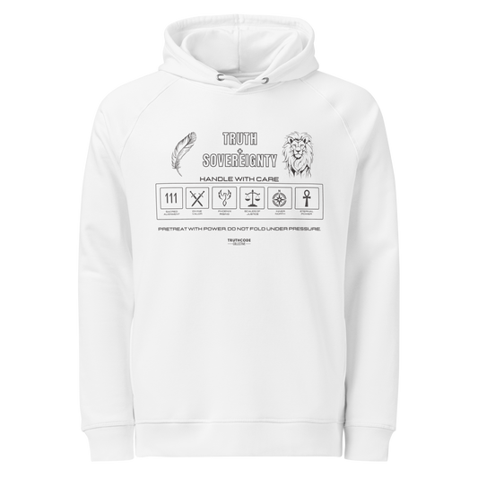 White organic hoodie with text 'Truth + Sovereignty' with symbols graphics relating to it on a white background