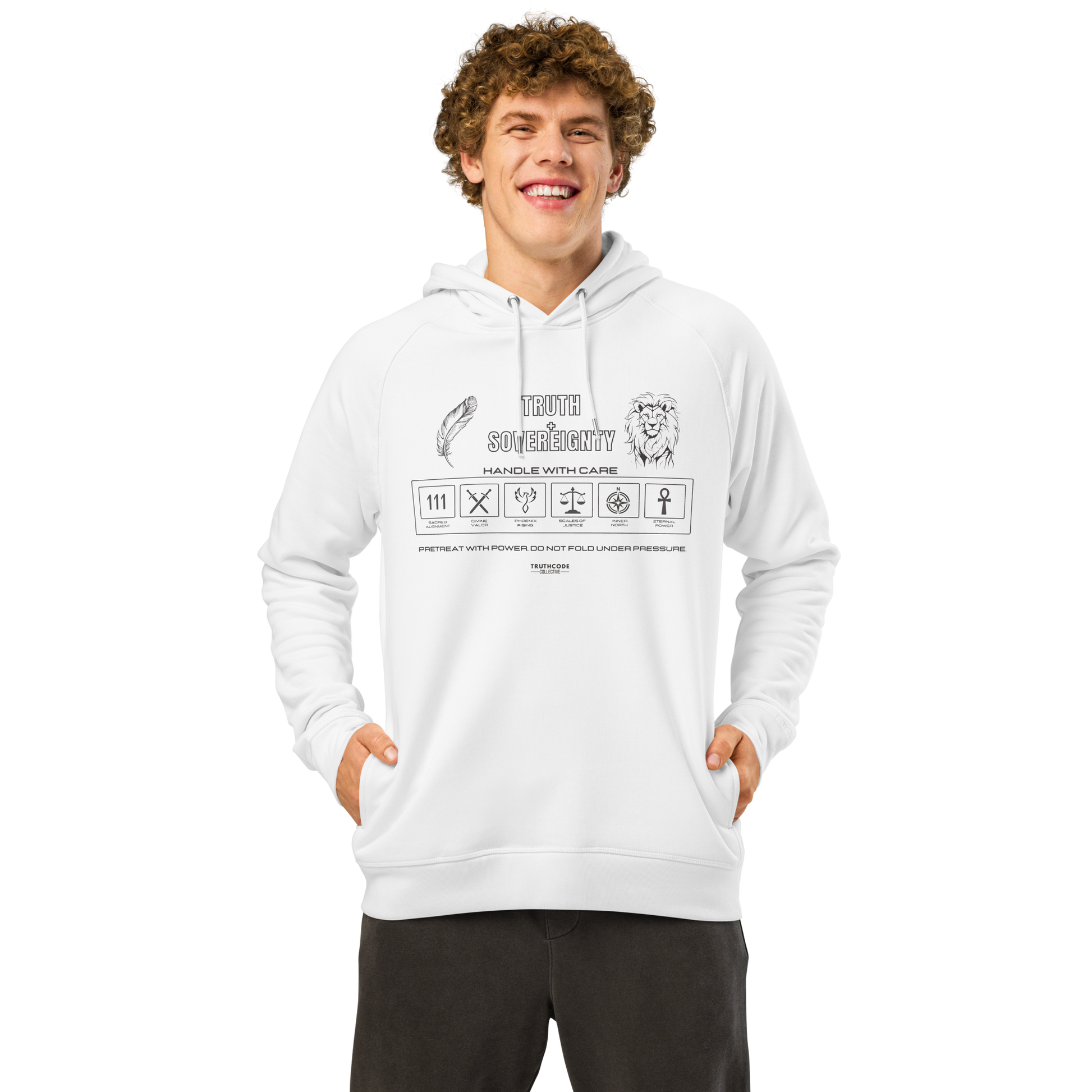 Guy wearing white organic hoodie with text 'Truth + Sovereignty' with symbols graphics relating to it on a white background