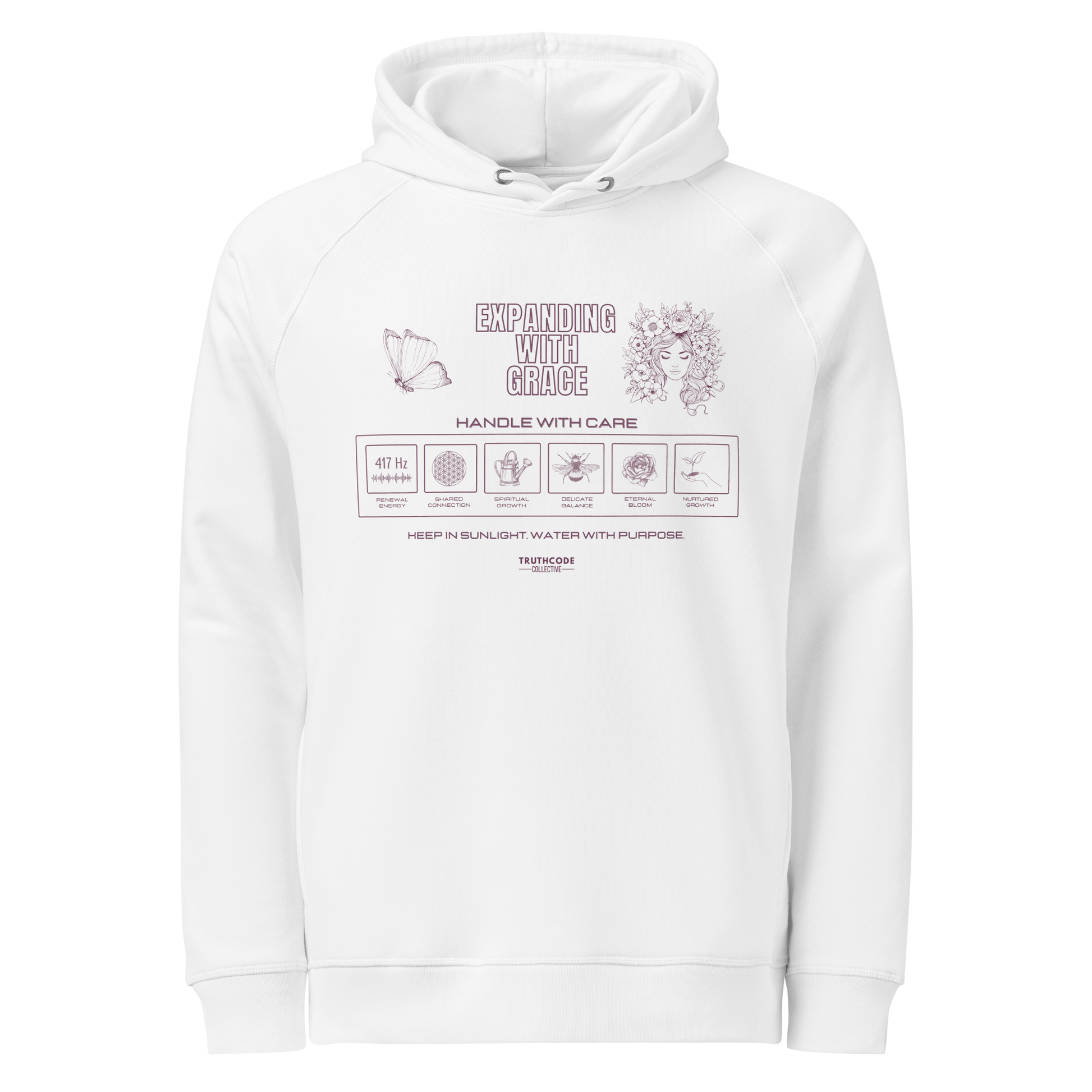 White organic hoodie with text 'Expanding with grace' with symbols and graphics relating to it on white background
