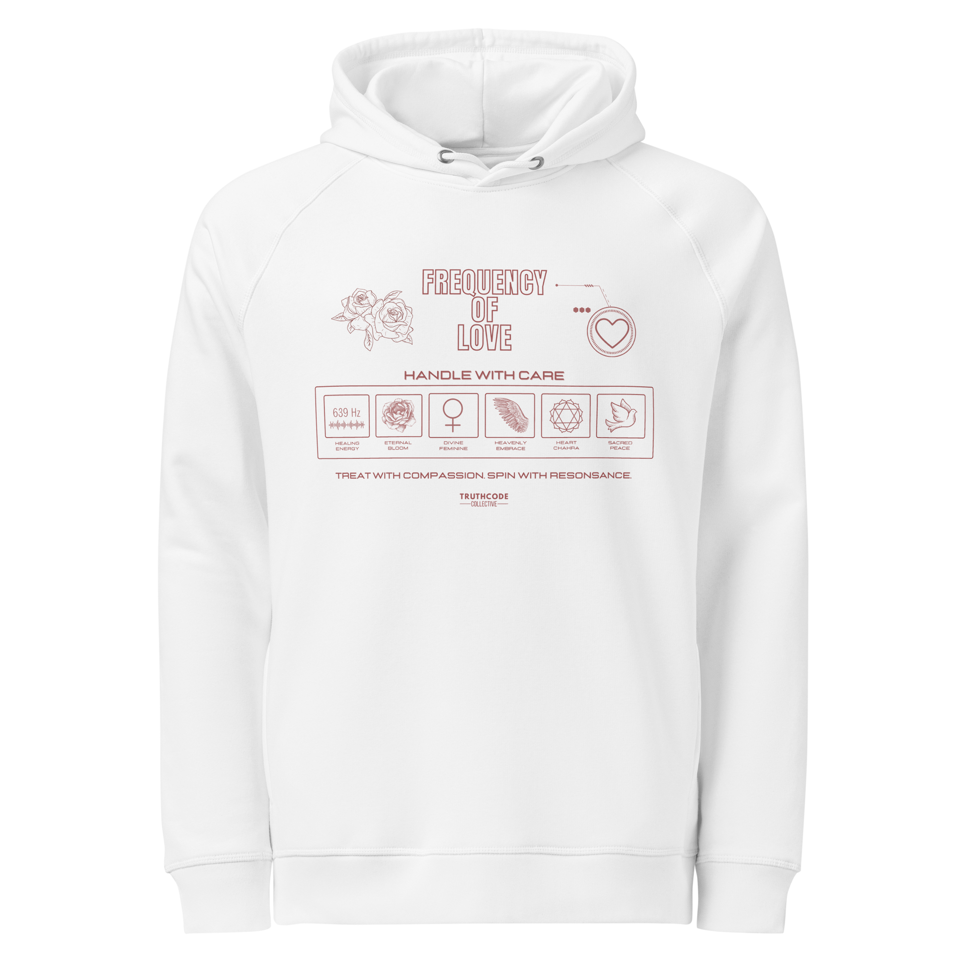White organic hoodie with text 'Frequency of love' with symbols and graphics relating to it on a white background