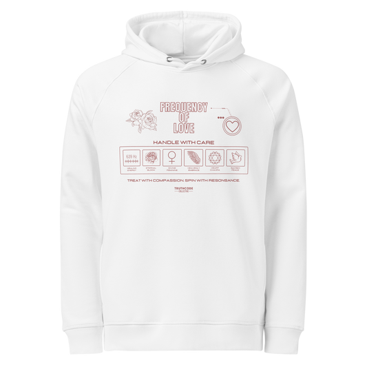 White organic hoodie with text 'Frequency of love' with symbols and graphics relating to it on a white background