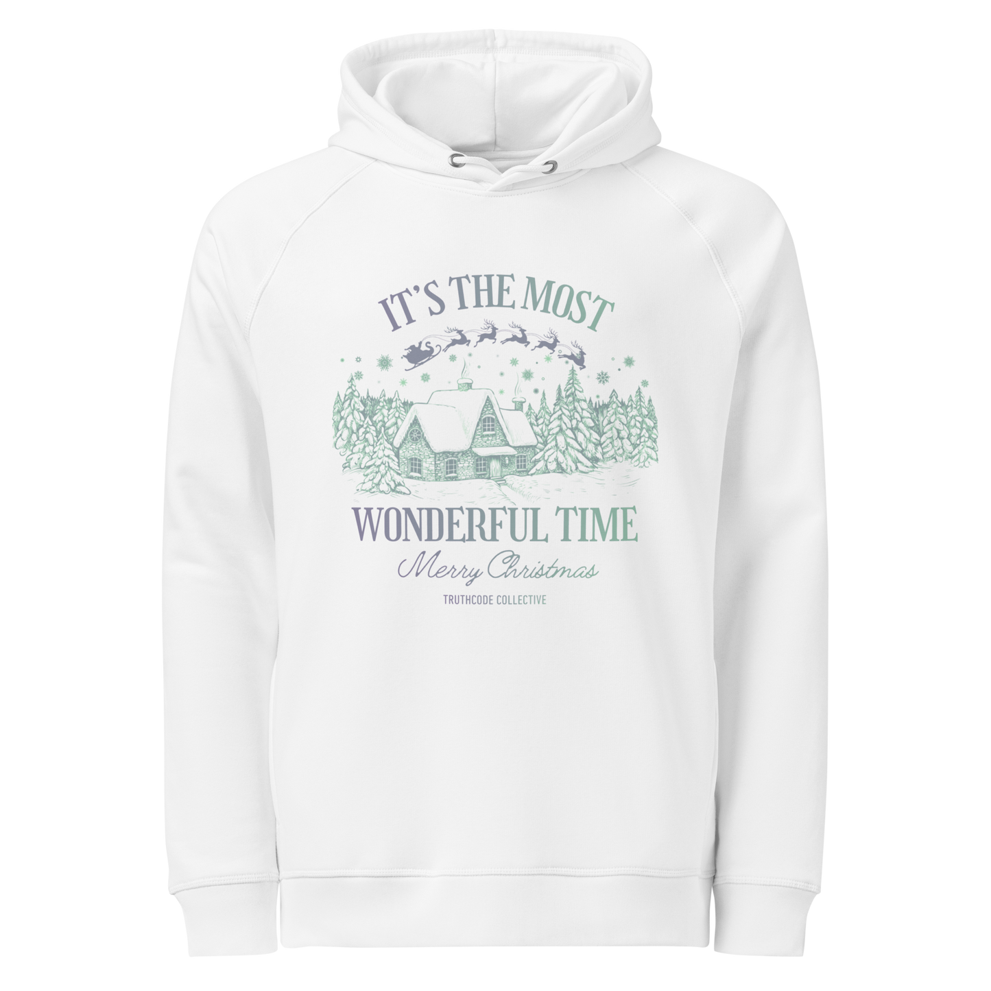 White organic hoodie with Christmas-themed design and text 'It's the most wonderful time of the year' on a white background