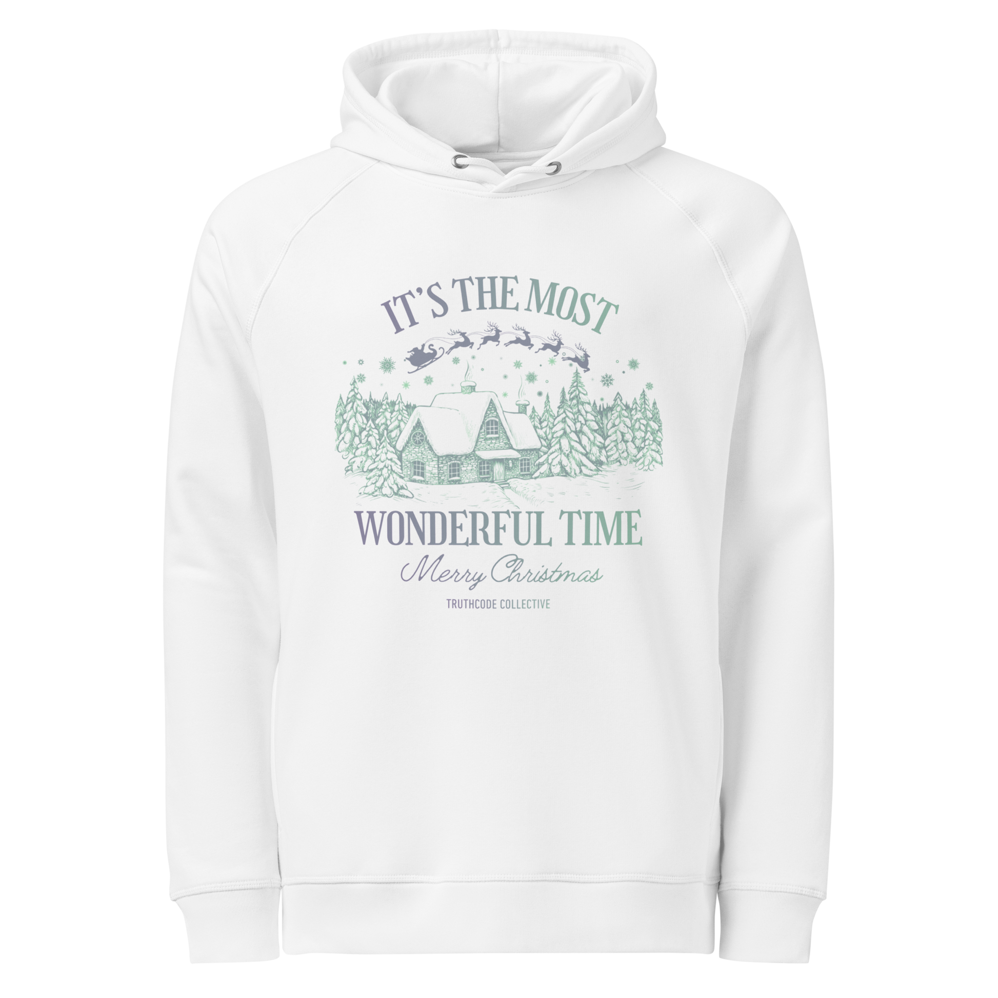 White organic hoodie with Christmas-themed design and text 'It's the most wonderful time of the year' on a white background