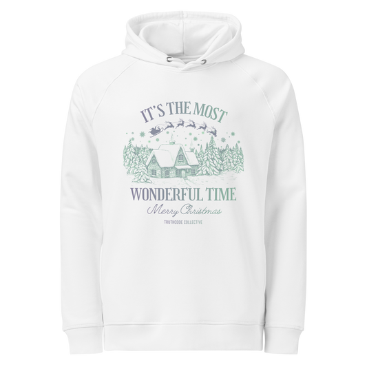 White organic hoodie with Christmas-themed design and text 'It's the most wonderful time of the year' on a white background