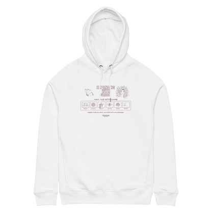White organic hoodie with graphic design like a laundry tag and text 'Expanding with grace' on a white background