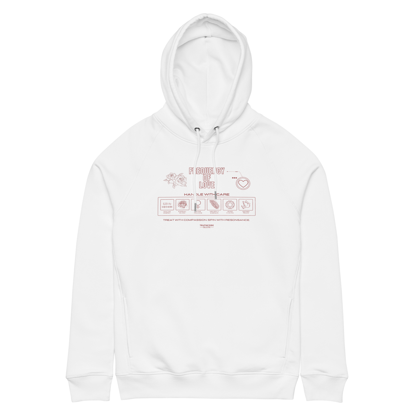 White organic hoodie with graphic design like a laundry tag and text 'Frequency of love' on a white background