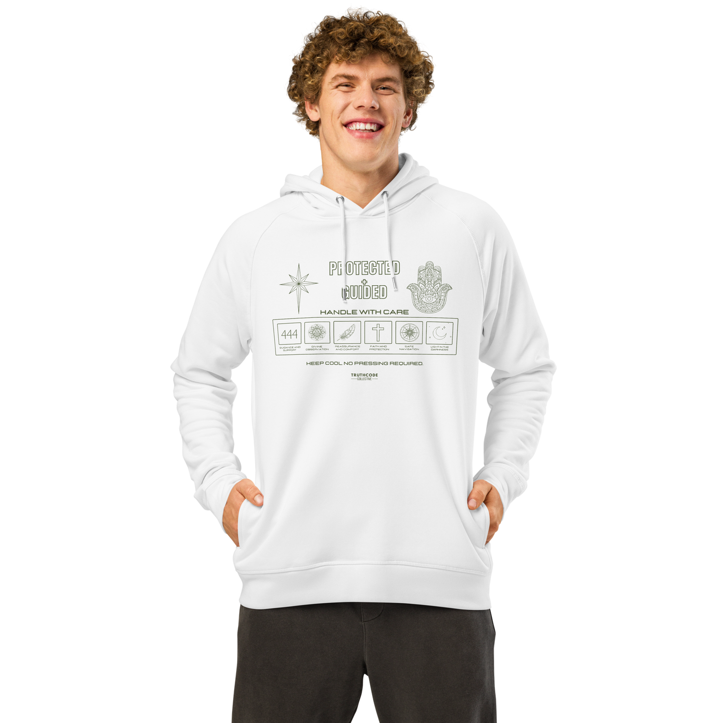 Guy wearing white organic hoodie with graphic design like a laundry tag and text 'Protected + Guided' on a white background
