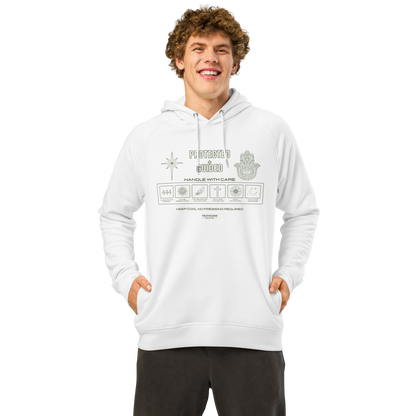 Guy wearing white organic hoodie with graphic design like a laundry tag and text 'Protected + Guided' on a white background