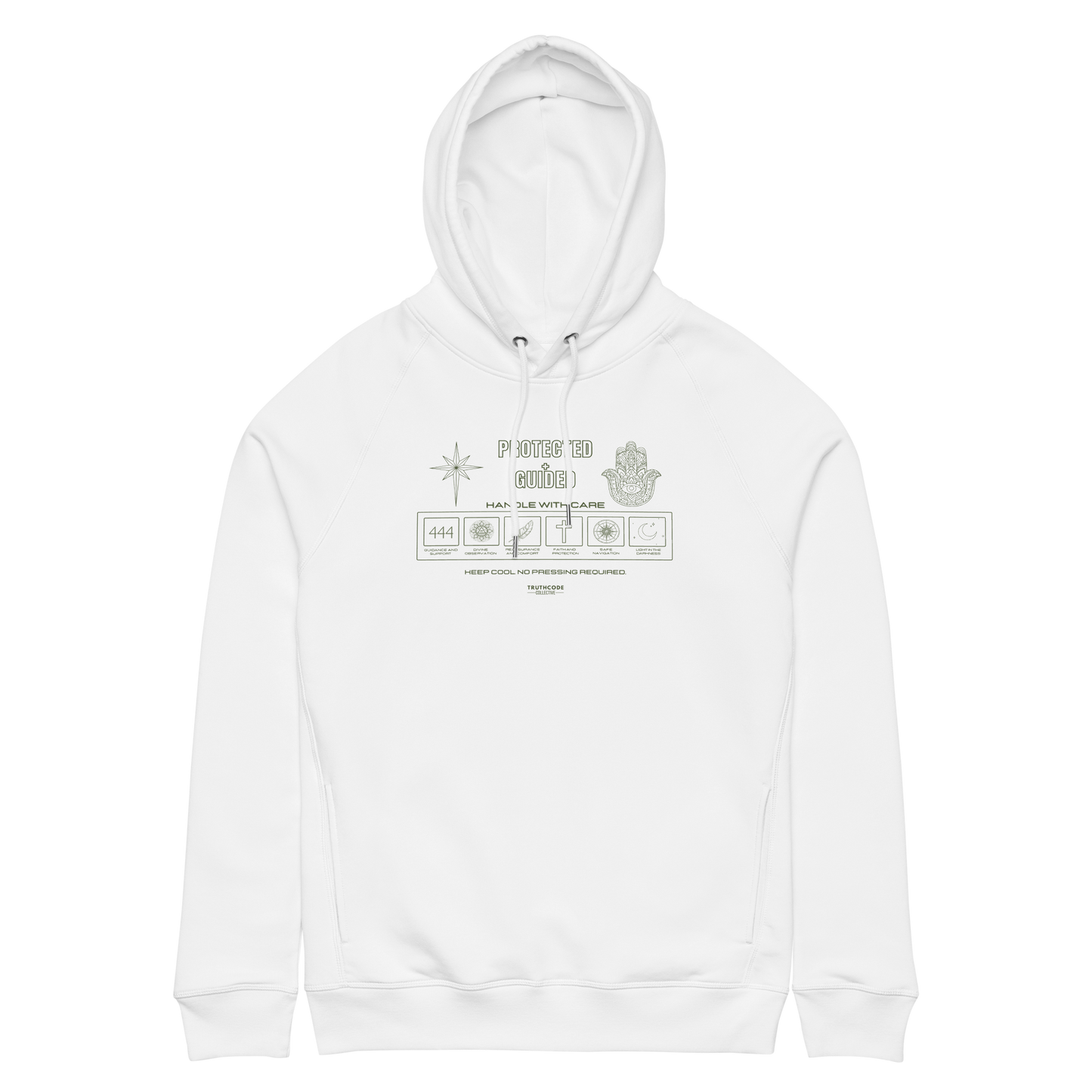 White organic hoodie with graphic design like a laundry tag and text 'Protected + Guided' on a white background