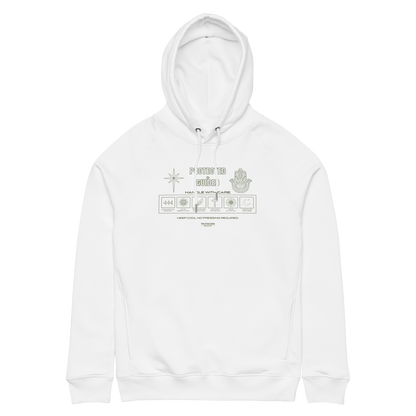 White organic hoodie with graphic design like a laundry tag and text 'Protected + Guided' on a white background
