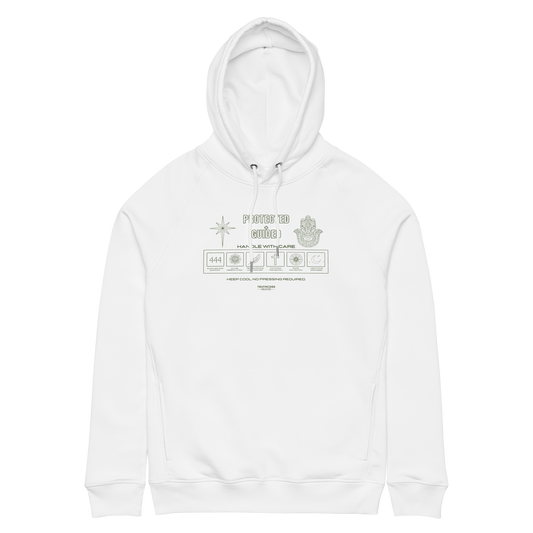 White organic hoodie with graphic design like a laundry tag and text 'Protected + Guided' on a white background