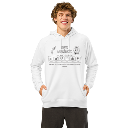 Guy wearing white organic hoodie with graphic design like a laundry tag and text 'Truth + Sovereignty' on a white background