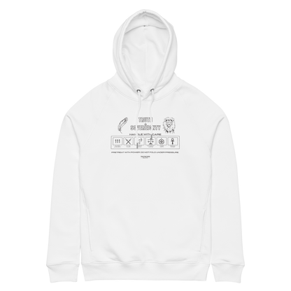 White organic hoodie with graphic design like a laundry tag and text 'Truth + Sovereignty' on a white background