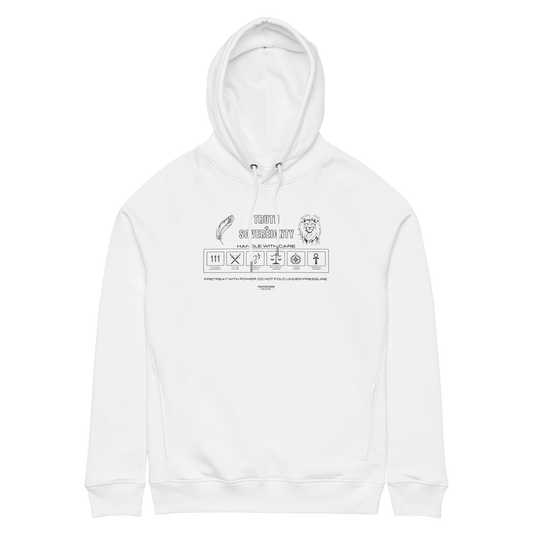 White organic hoodie with graphic design like a laundry tag and text 'Truth + Sovereignty' on a white background
