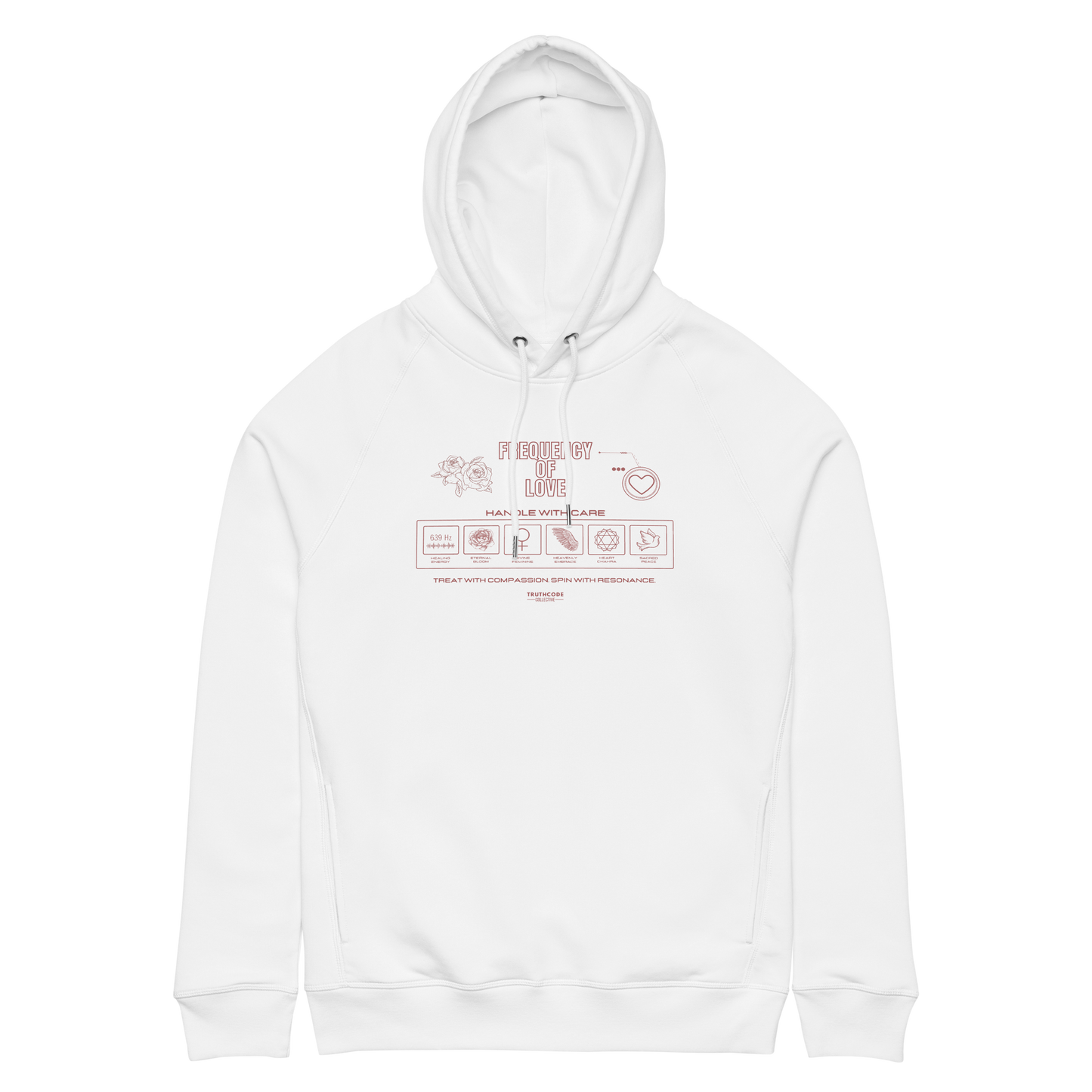White organic hoodie with text 'Frequency of love' and laundry tag style graphics with symbols relating to love, on a white background
