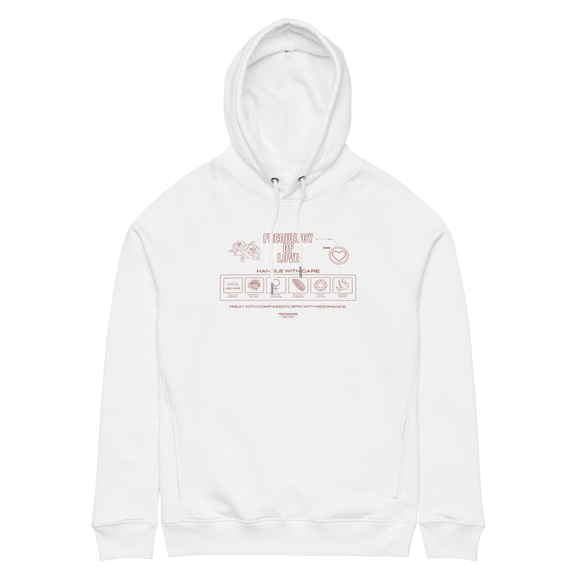 White organic hoodie with text 'Frequency of love' and laundry tag style graphics with symbols relating to love, on a white background