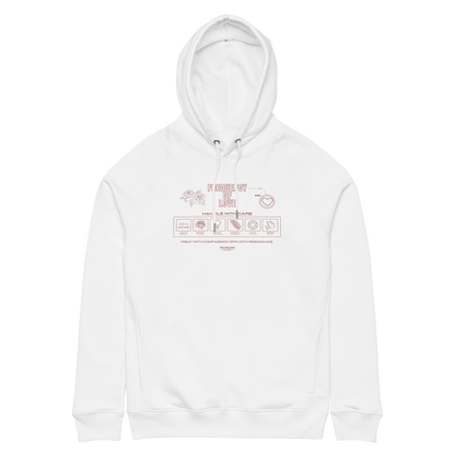 White organic hoodie with text 'Frequency of love' and laundry tag style graphics with symbols relating to love, on a white background