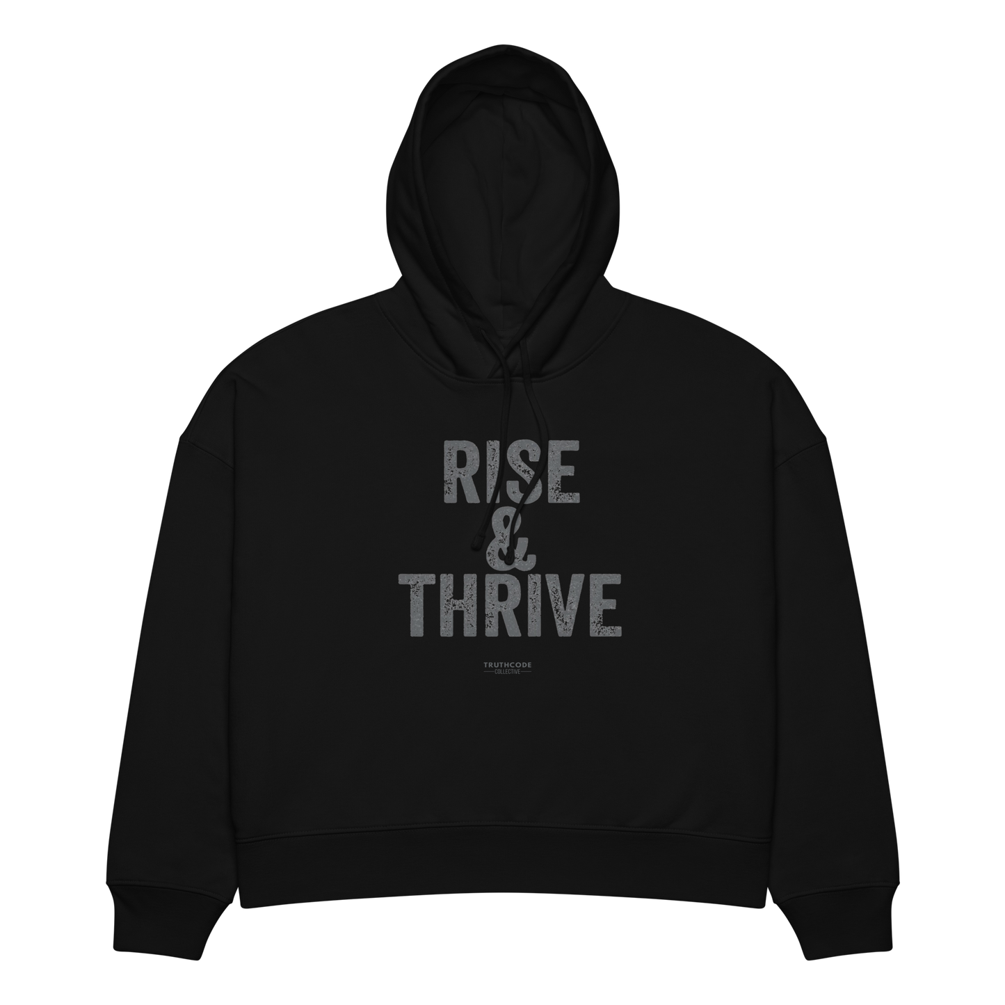 Black organic hoodie with 'Rise & Thrive' text on a white background