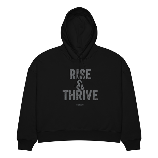 Black organic hoodie with 'Rise & Thrive' text on a white background