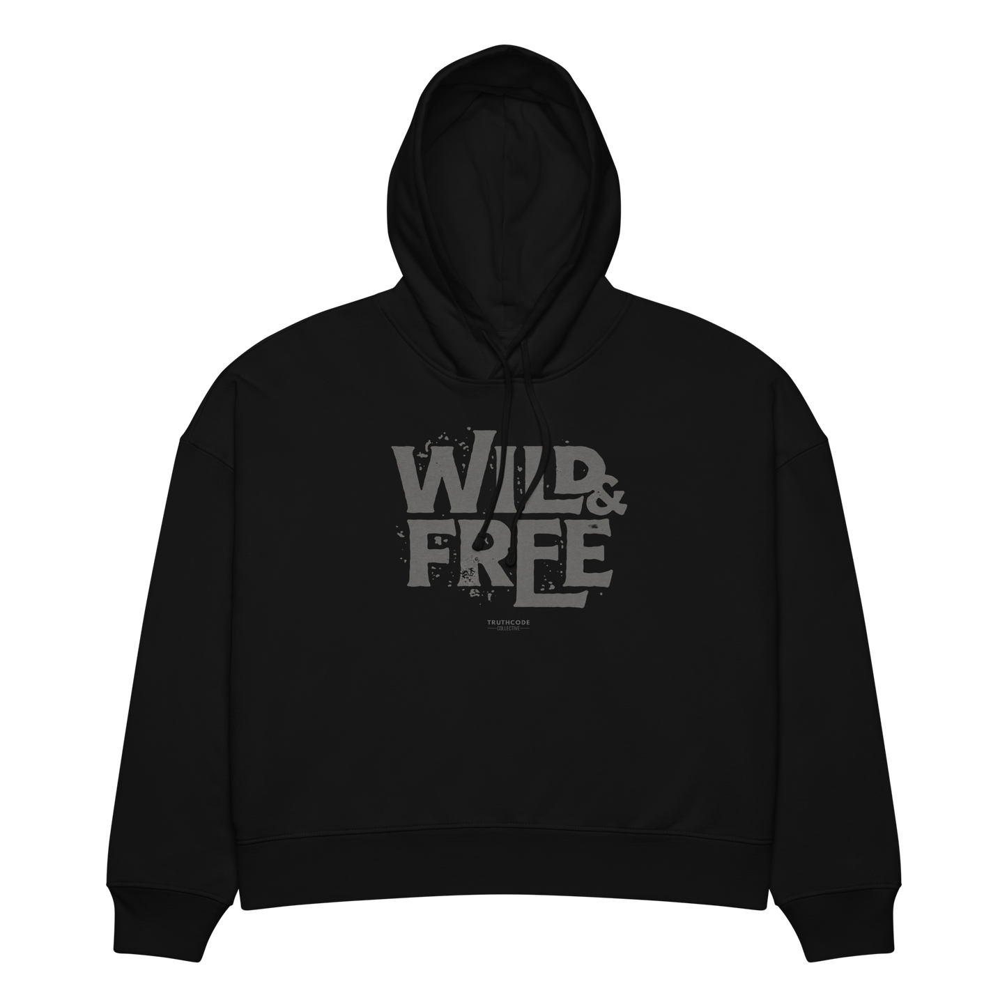 Black organic hoodie with 'Wild & Free' text design, on a white background