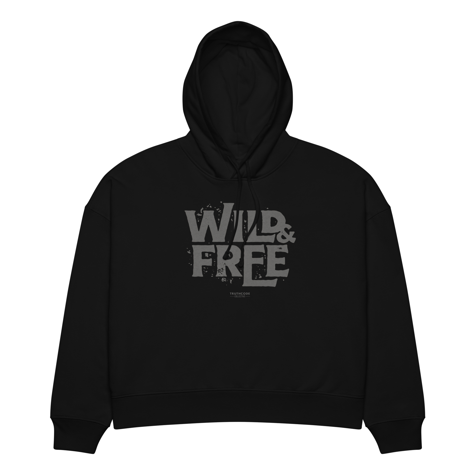 Black organic hoodie with 'Wild & Free' text design, on a white background
