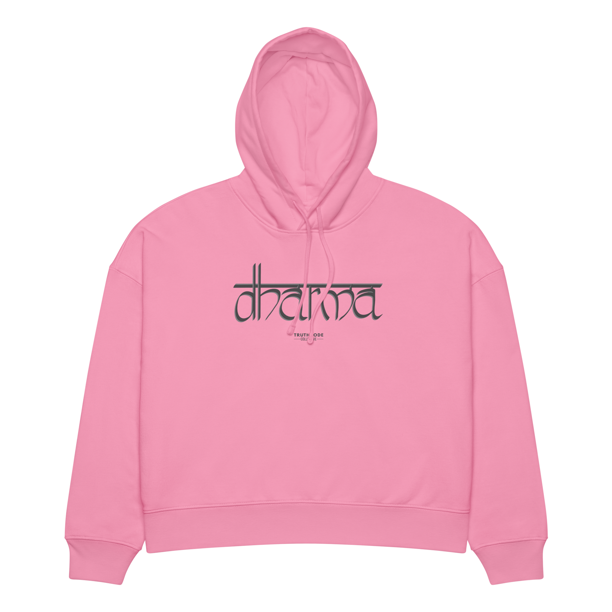 Pink organic hoodie with 'dharma' text design, on a white background