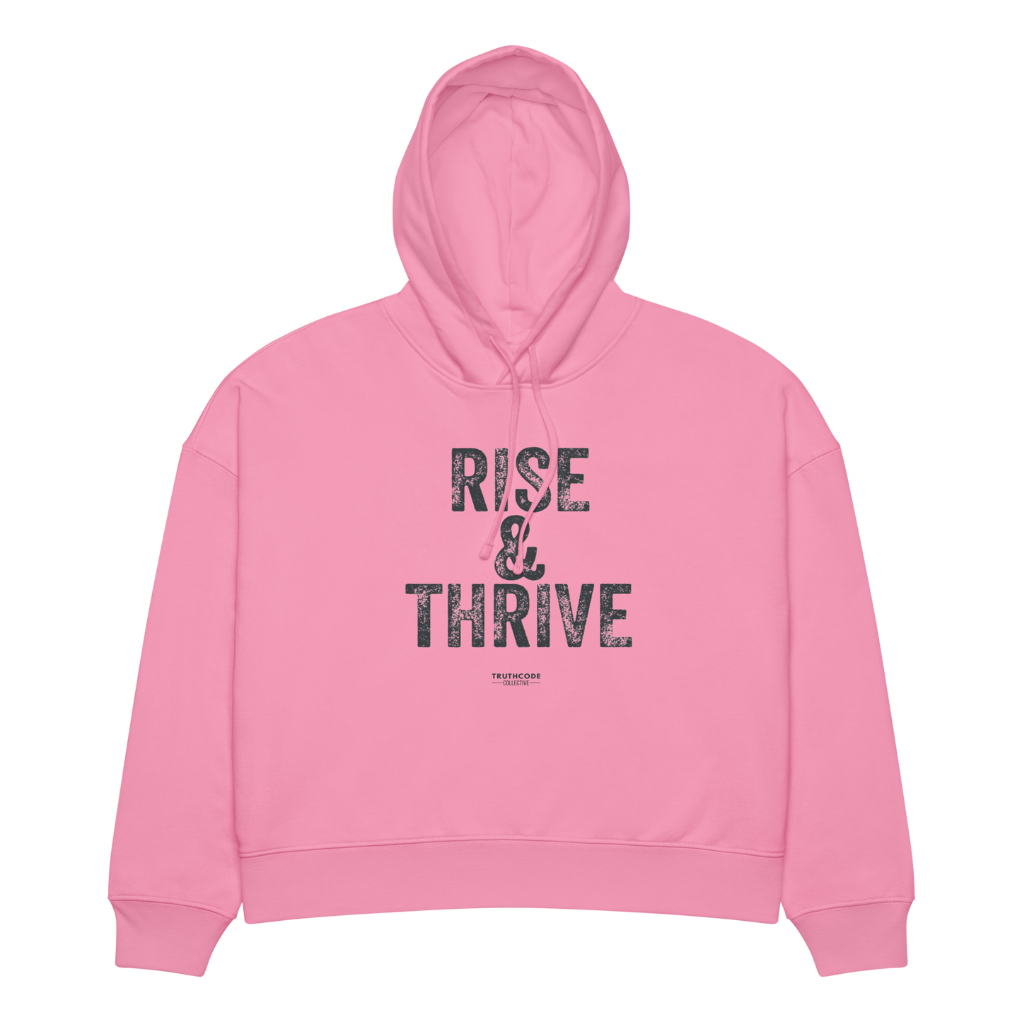 Pink organic hoodie with 'Rise & Thrive' text design, on a white background