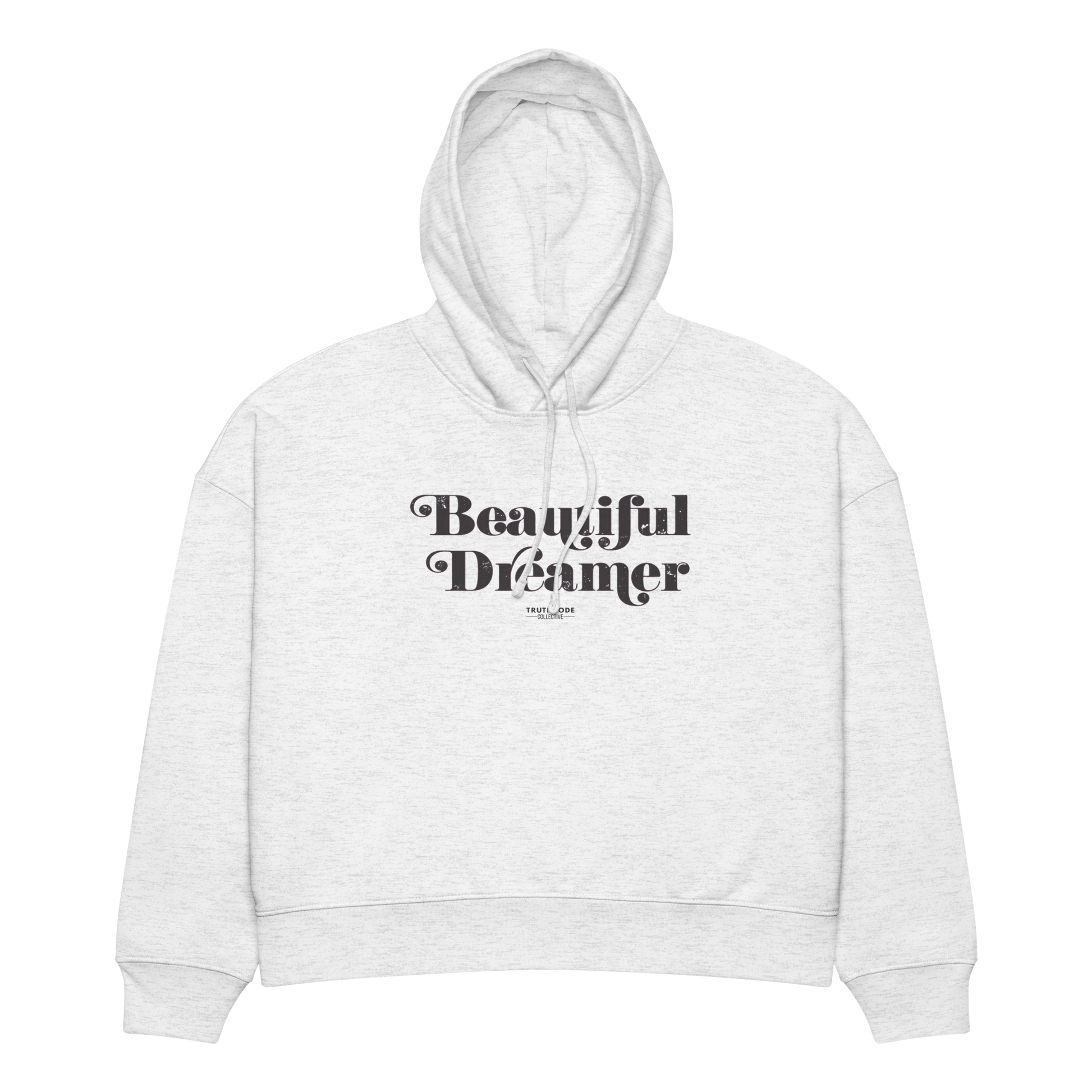 Light gray organic hoodie with 'Beautiful Dreamer' text design, on a white background