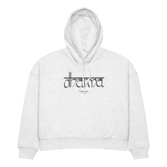Light gray organic hoodie with 'dharma' text design, on a white background