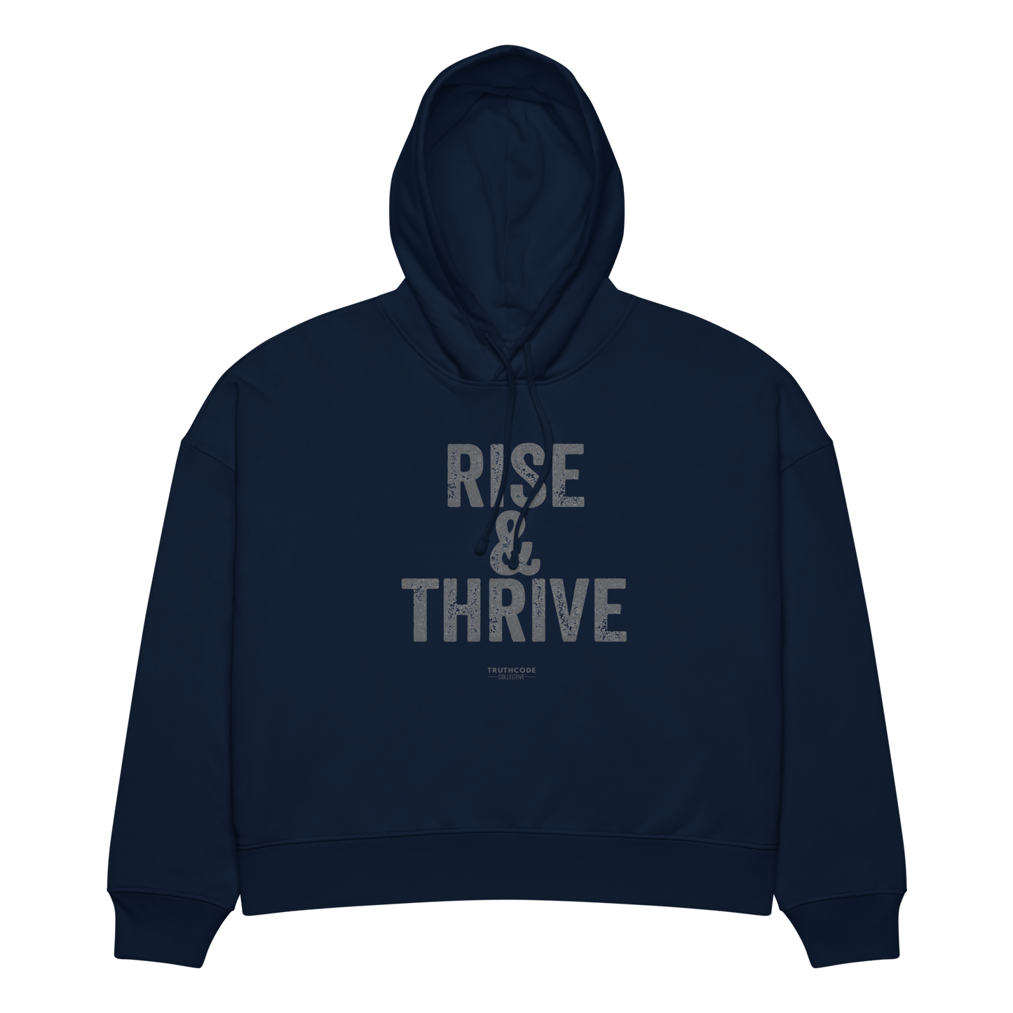 Navy blue organic hoodie with 'Rise & Thrive' text design, on a white background