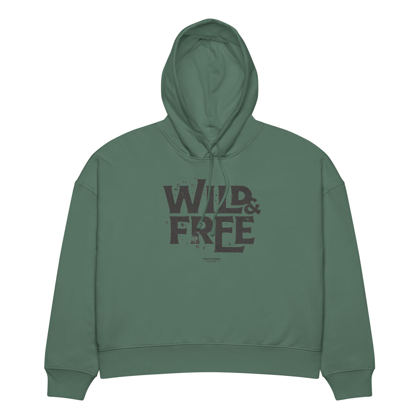 Green organic hoodie with 'Wild & Free' text design, on a white background