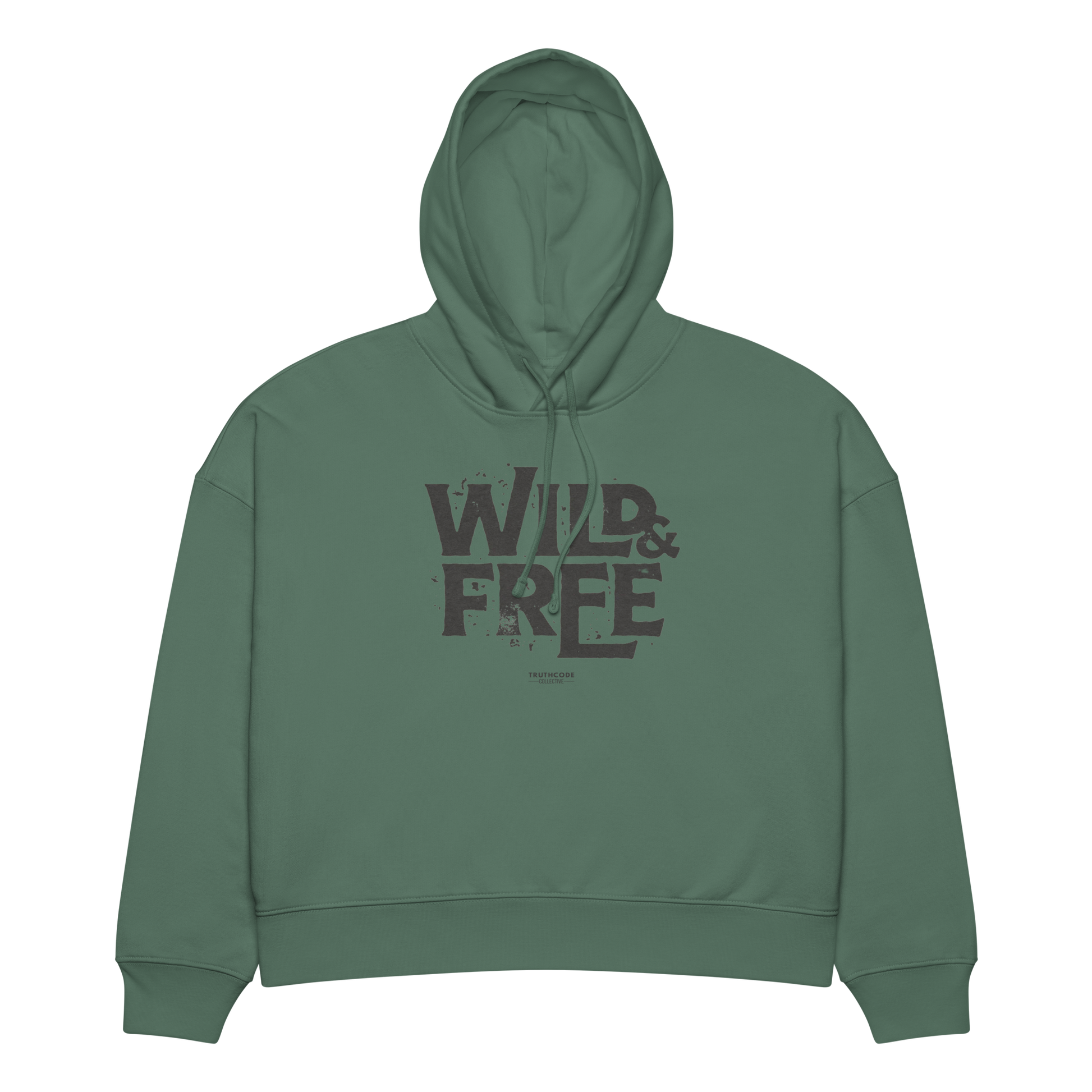 Green organic hoodie with 'Wild & Free' text design, on a white background